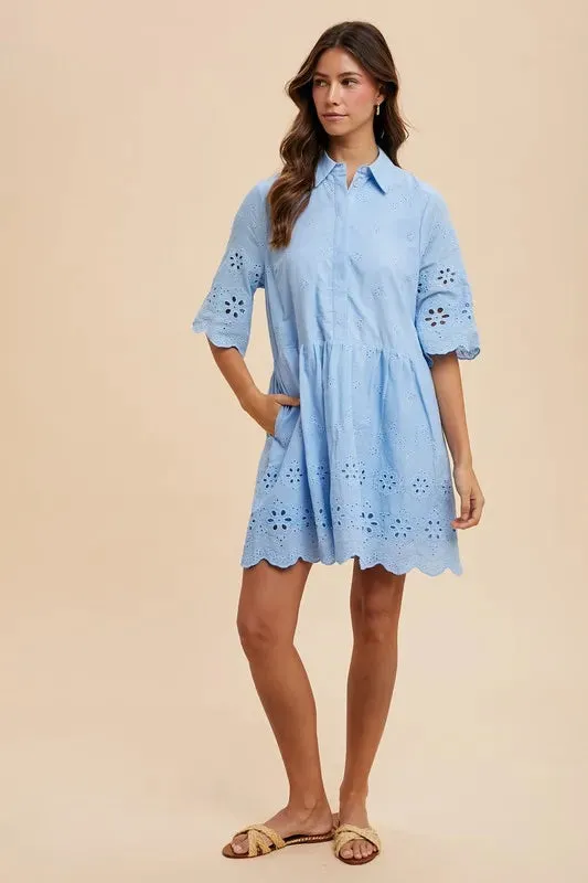 100% Cotton Babydoll Eyelet Mini Shirt Dress