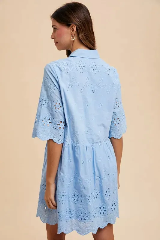 100% Cotton Babydoll Eyelet Mini Shirt Dress