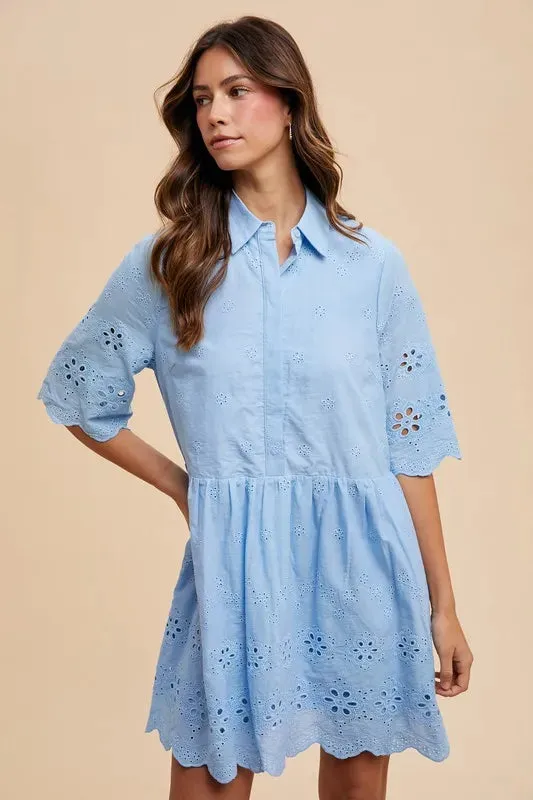 100% Cotton Babydoll Eyelet Mini Shirt Dress