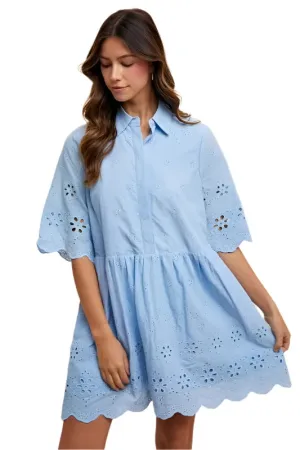 100% Cotton Babydoll Eyelet Mini Shirt Dress