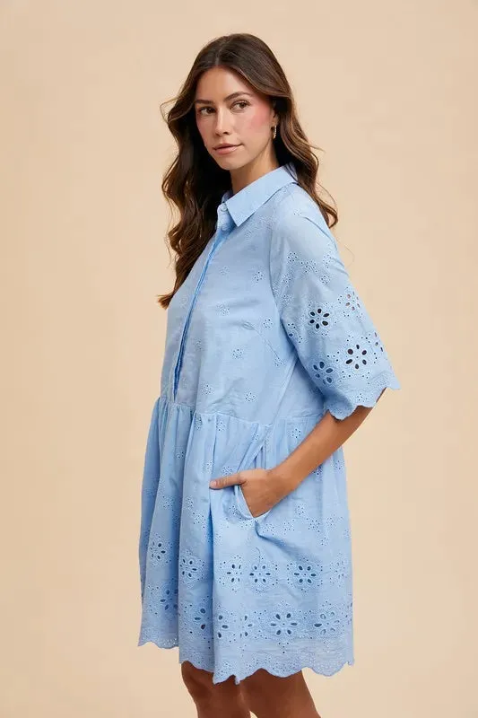 100% Cotton Babydoll Eyelet Mini Shirt Dress