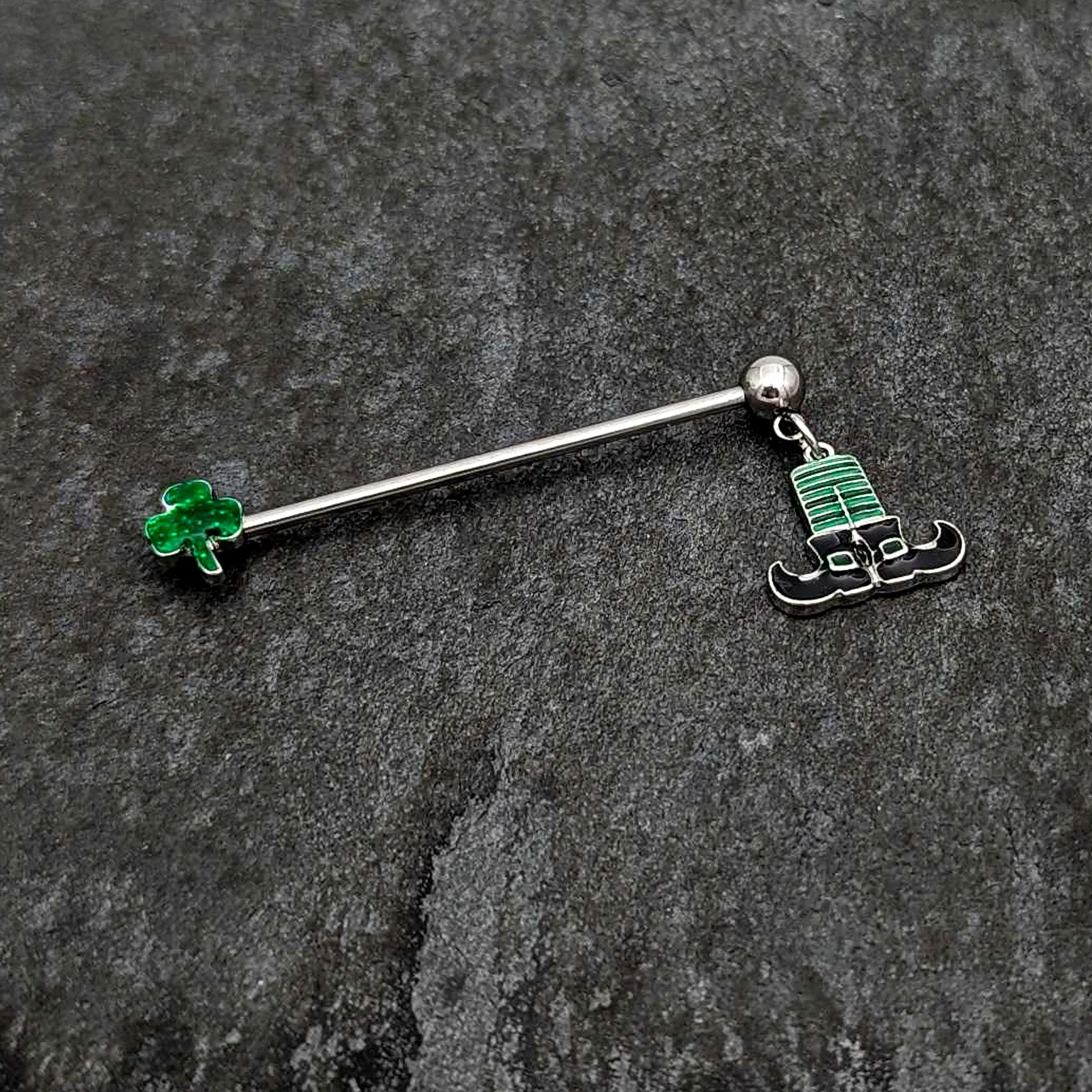 14 Gauge Leprechaun Legs Shamrock Dangle Industrial Barbell 38mm