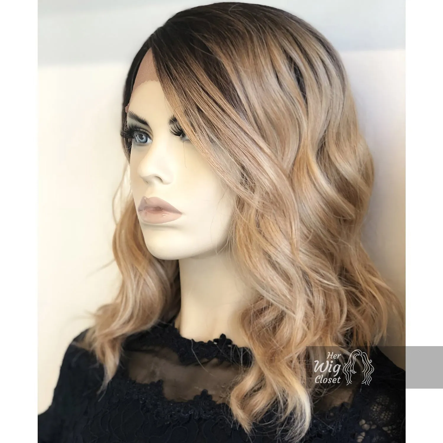 Angelina | 14" Blonde Ombré with Black Roots Wavy Side-Part Wig