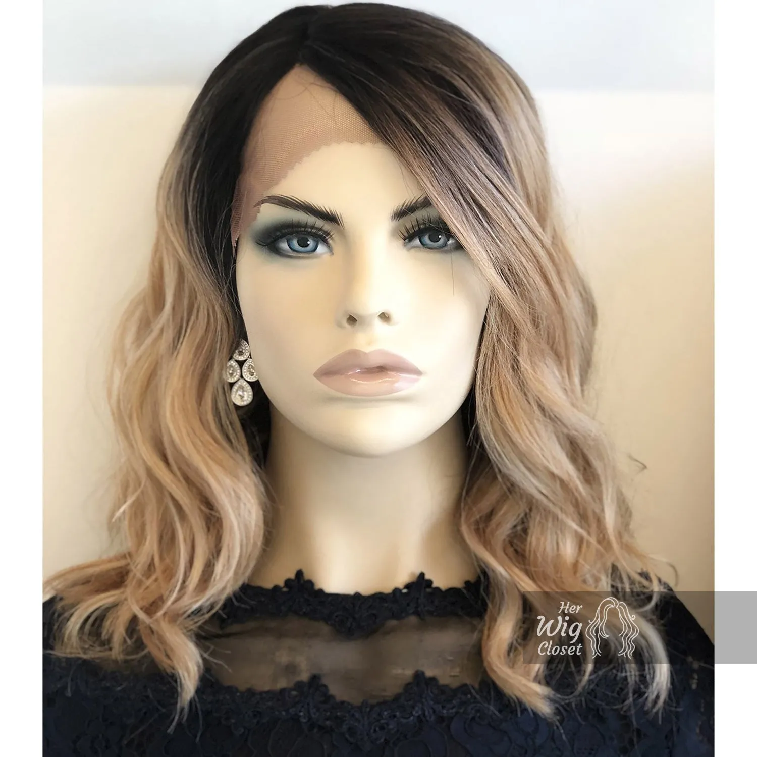 Angelina | 14" Blonde Ombré with Black Roots Wavy Side-Part Wig