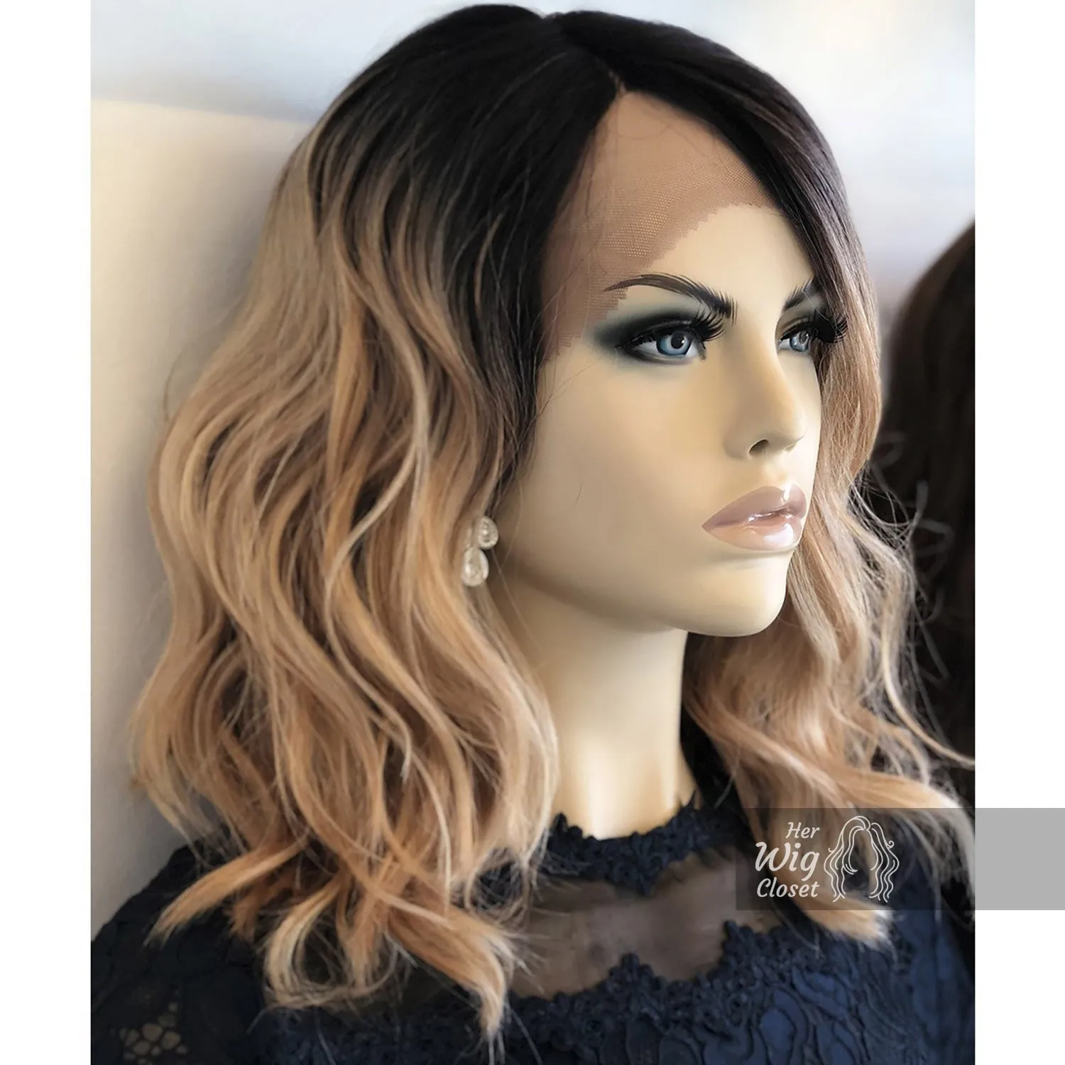 Angelina | 14" Blonde Ombré with Black Roots Wavy Side-Part Wig