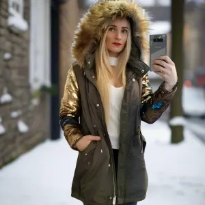 Army Green Parka Sequin Sleeves