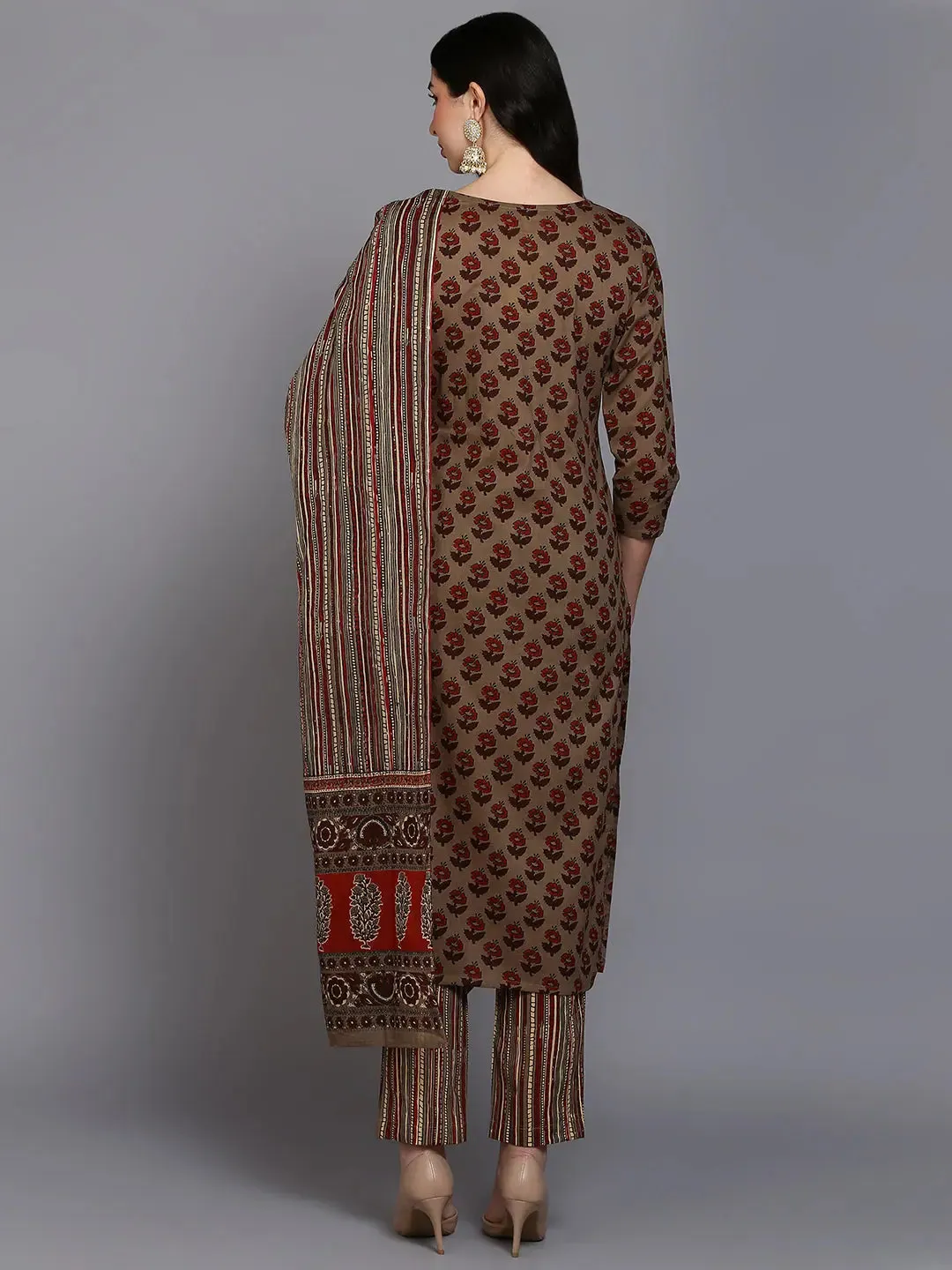 Cotton Beige Printed Straight Kurta Pant With-VKSKD1850