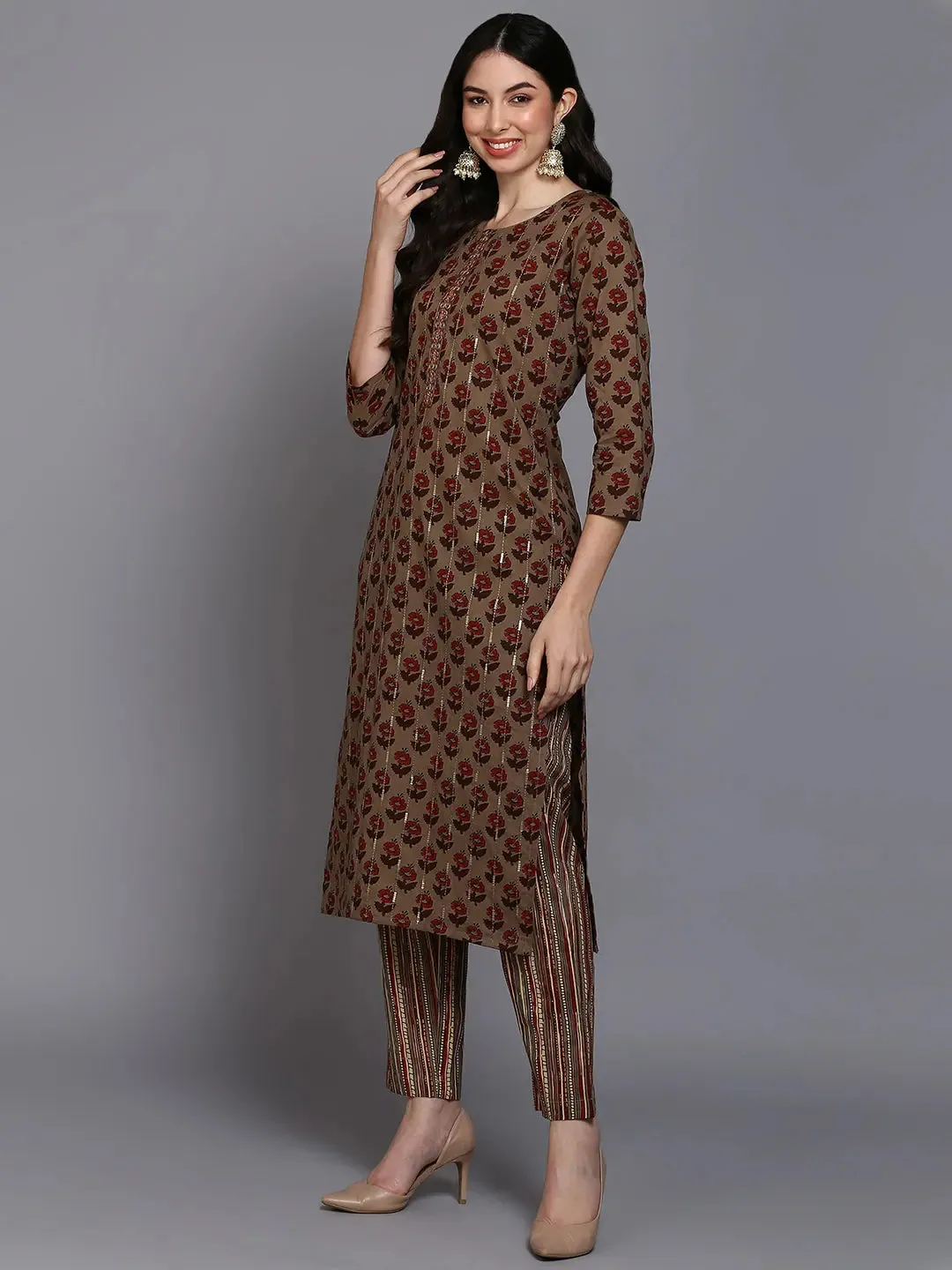 Cotton Beige Printed Straight Kurta Pant With-VKSKD1850
