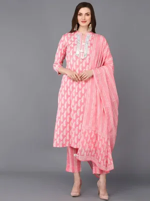 Cotton Pink Printed Straight Kurta Pant With-VKSKD1851