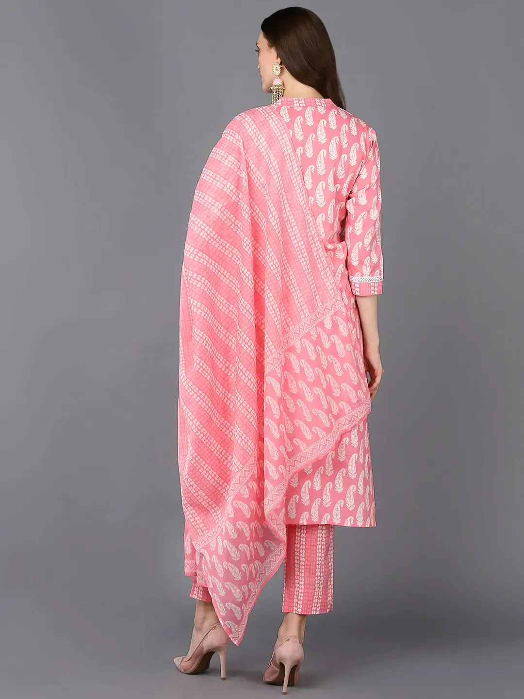 Cotton Pink Printed Straight Kurta Pant With-VKSKD1851