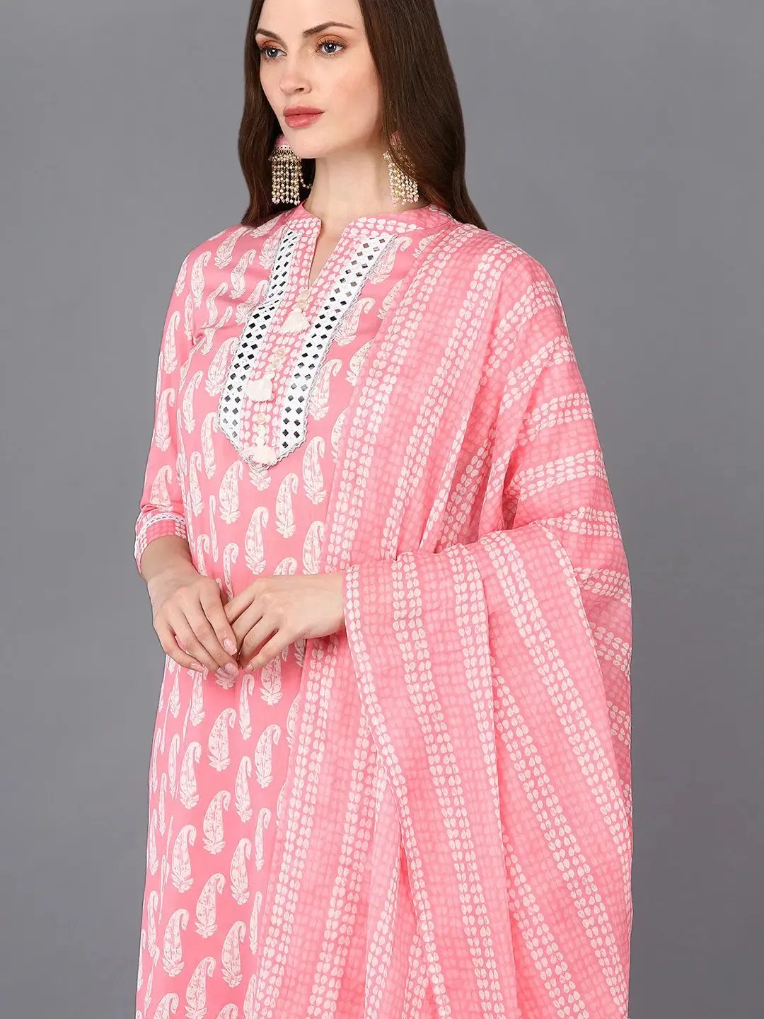 Cotton Pink Printed Straight Kurta Pant With-VKSKD1851