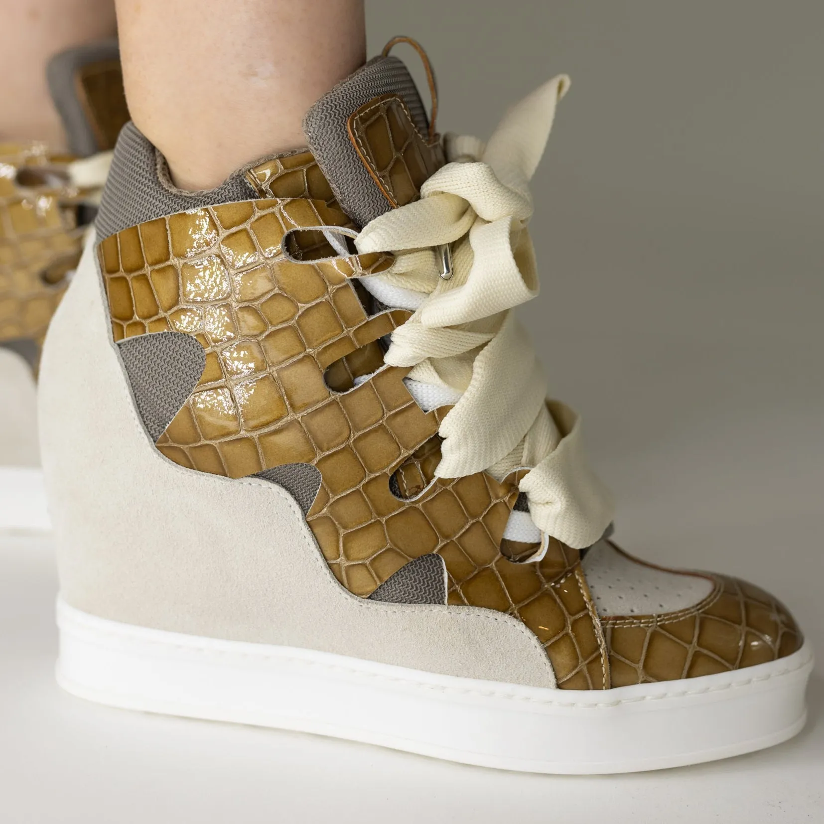 Courageous Tan Croco Patent Wedge Sneaker
