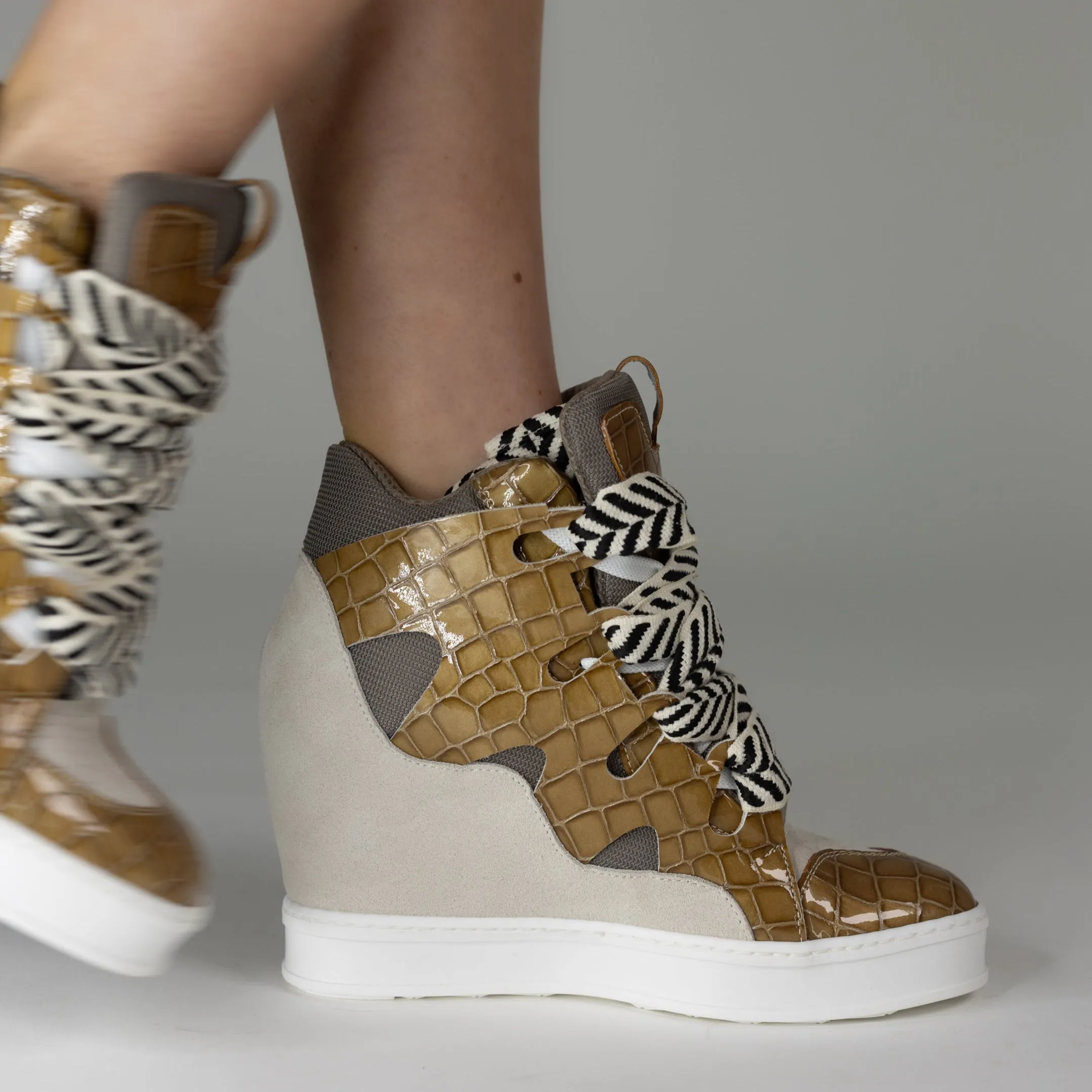 Courageous Tan Croco Patent Wedge Sneaker
