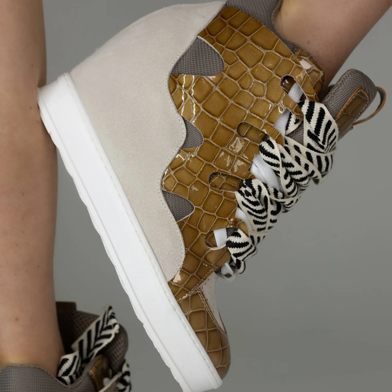 Courageous Tan Croco Patent Wedge Sneaker