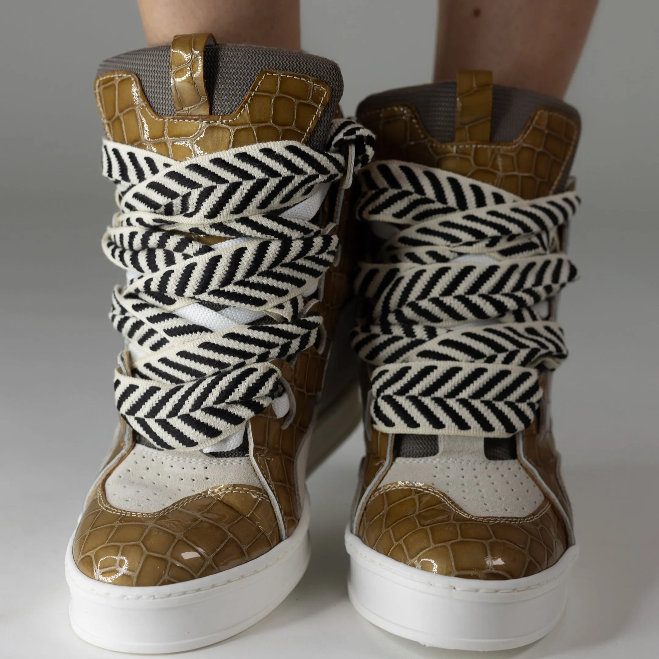 Courageous Tan Croco Patent Wedge Sneaker