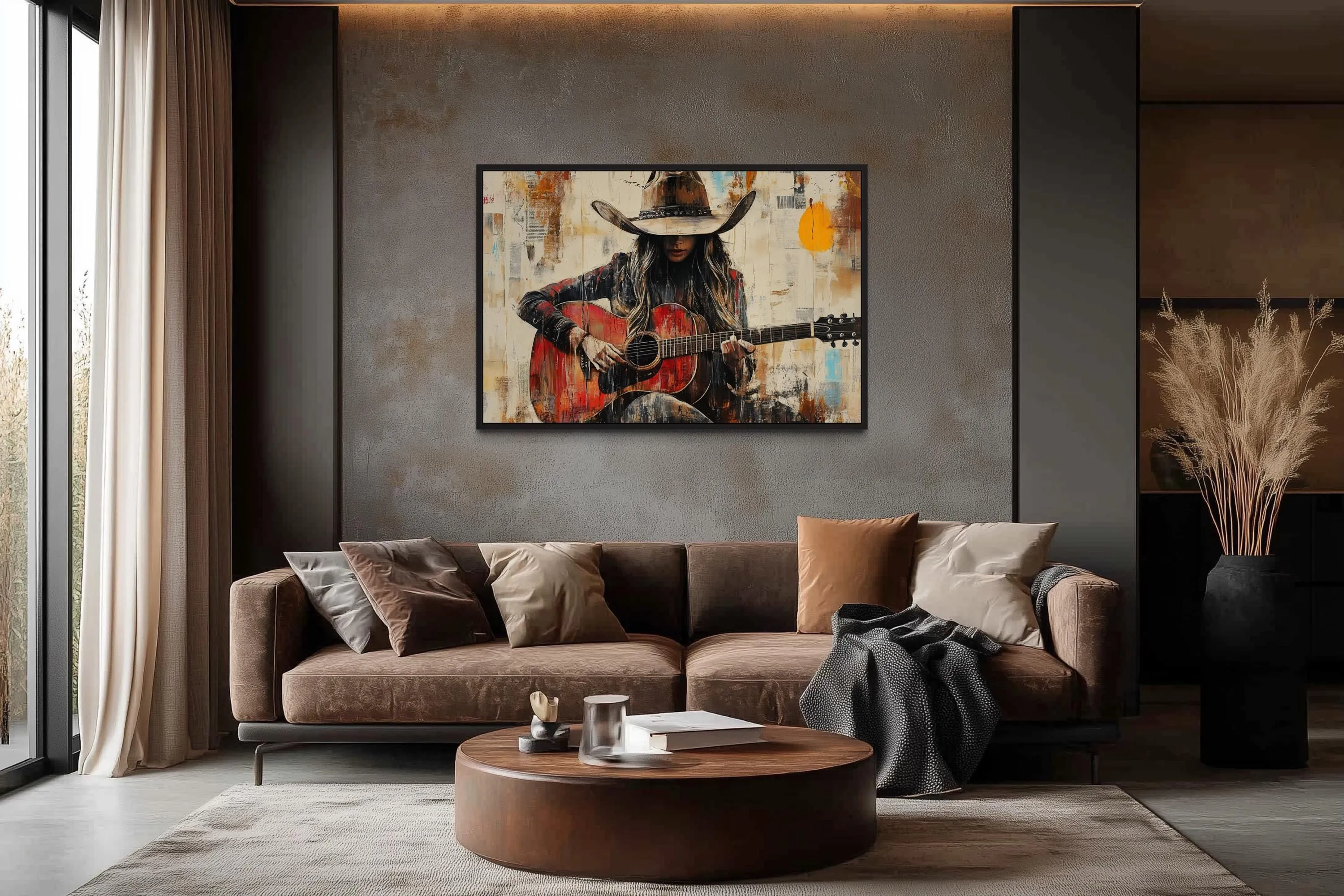 Cowgirl Playing Guitar Framed Canvas Wall Art