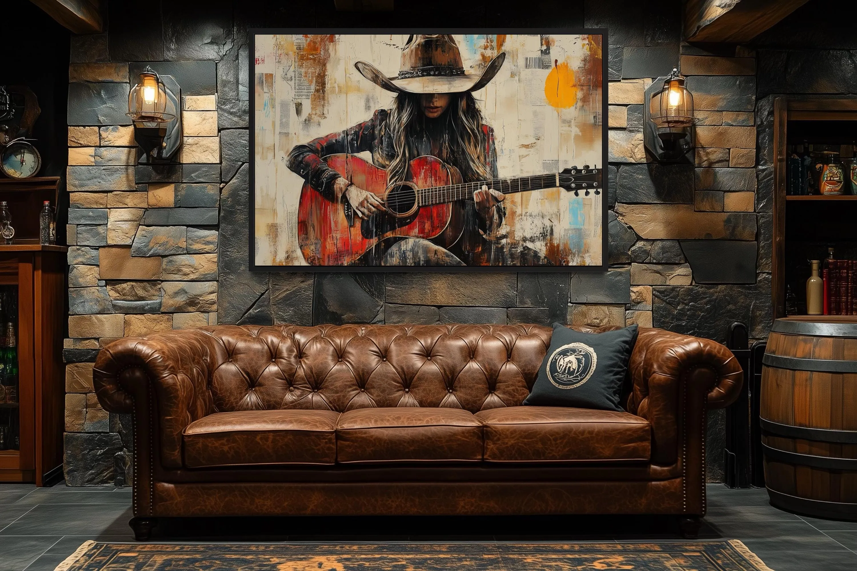 Cowgirl Playing Guitar Framed Canvas Wall Art