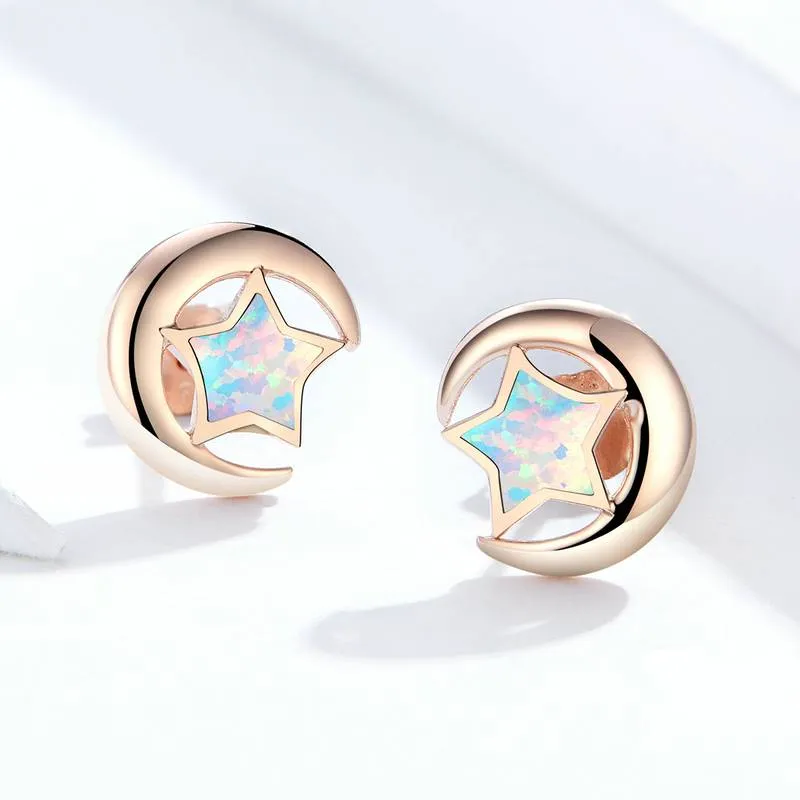 Crescent Moon Star Opal Ear Studs