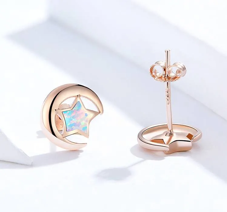 Crescent Moon Star Opal Ear Studs