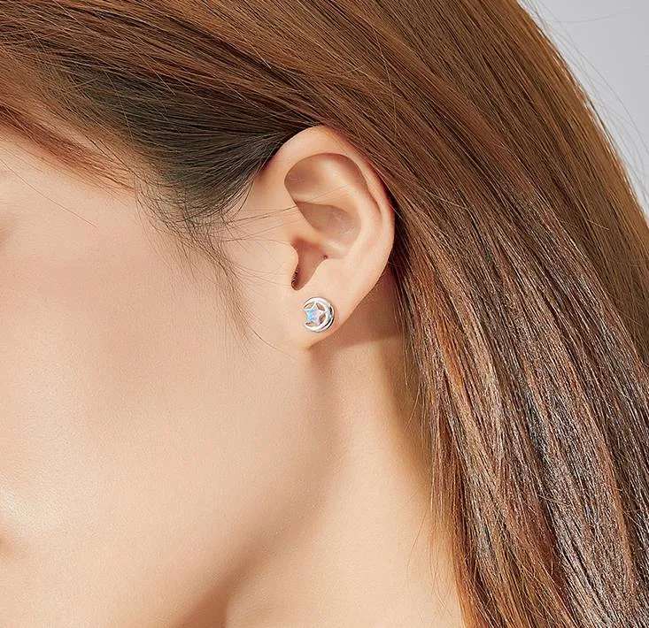 Crescent Moon Star Opal Ear Studs