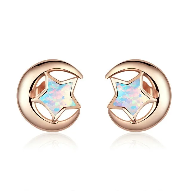 Crescent Moon Star Opal Ear Studs