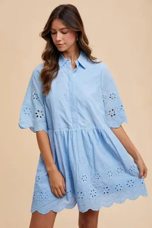 Embroidered Scallop Edge Shirt Dress