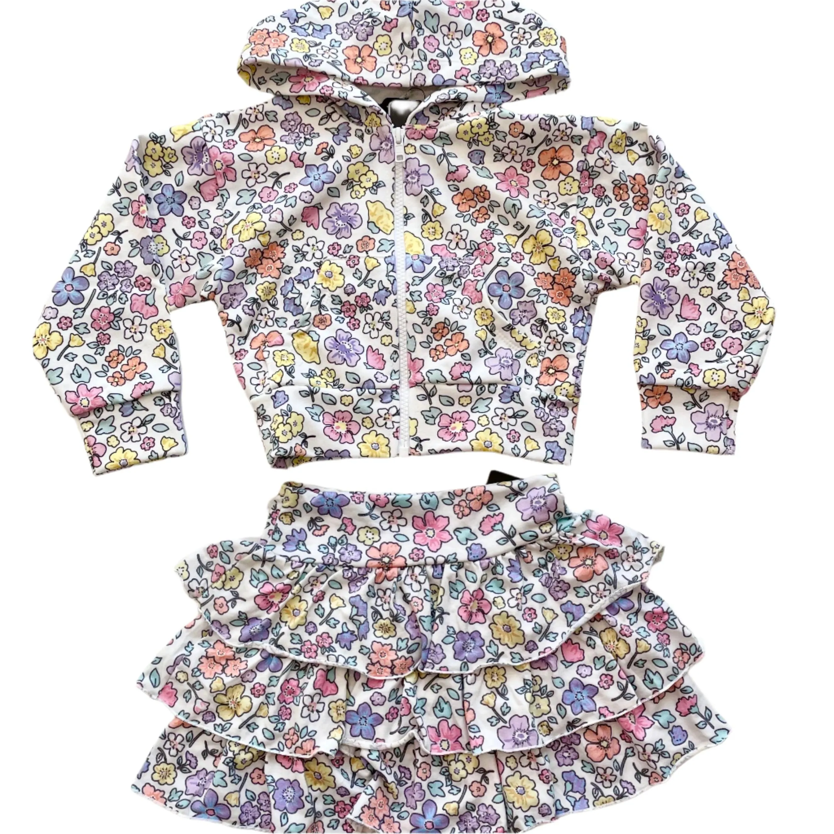 Girls Bottoms | Multi Color Pastel Floral Ruffle Layered Skirt | Flowers by Zoe