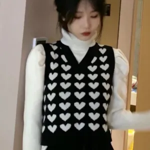 Heart sweater vest knit black and white top Kawaii