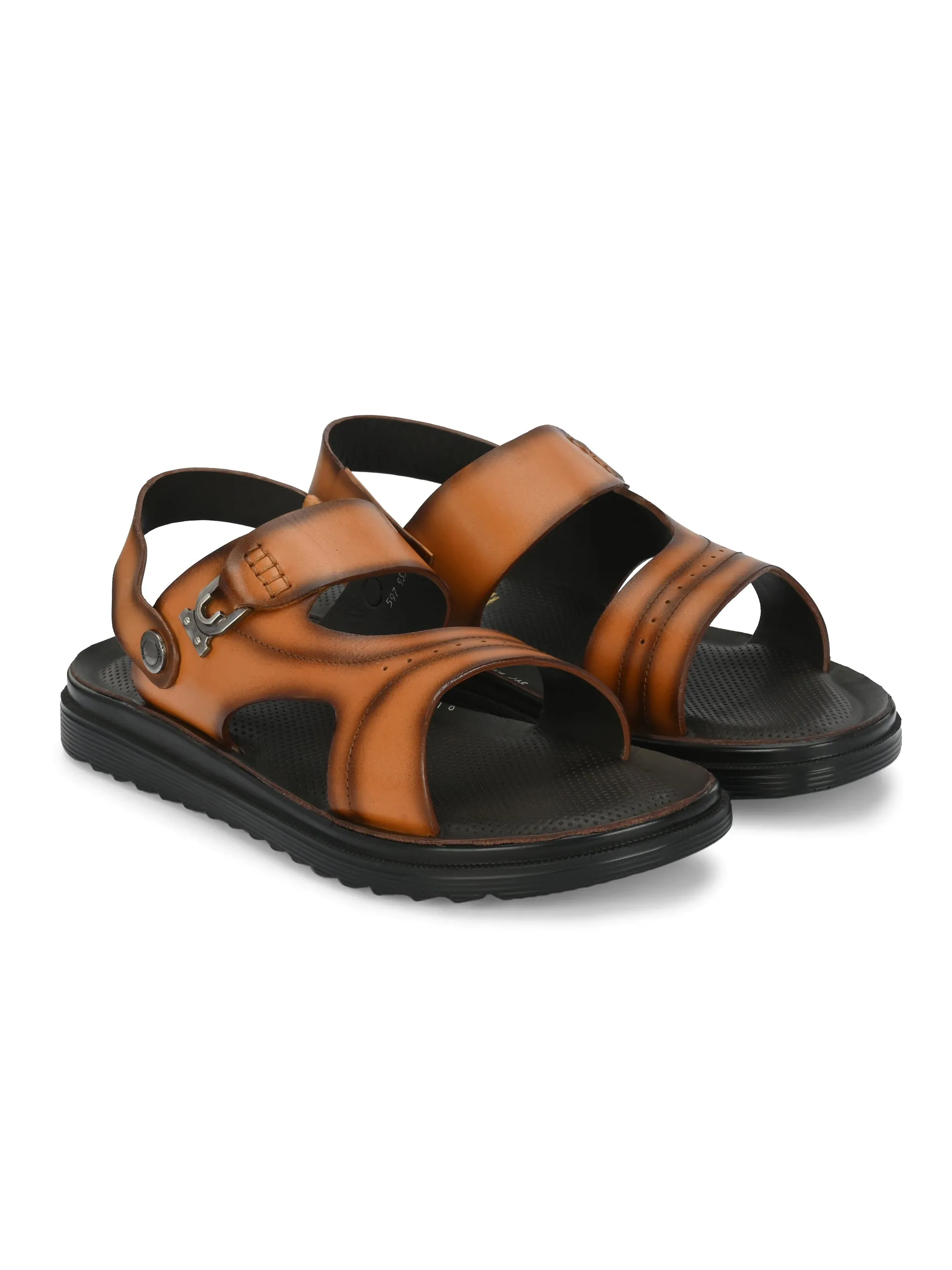 Hitz Men's Tan Leather Open Toe Slip-On Slippers