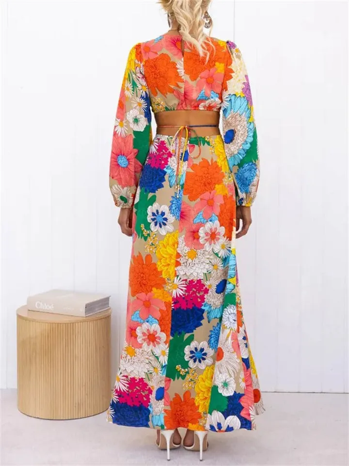 Ladies Flowers Print Round Neck Lace-up Dresses