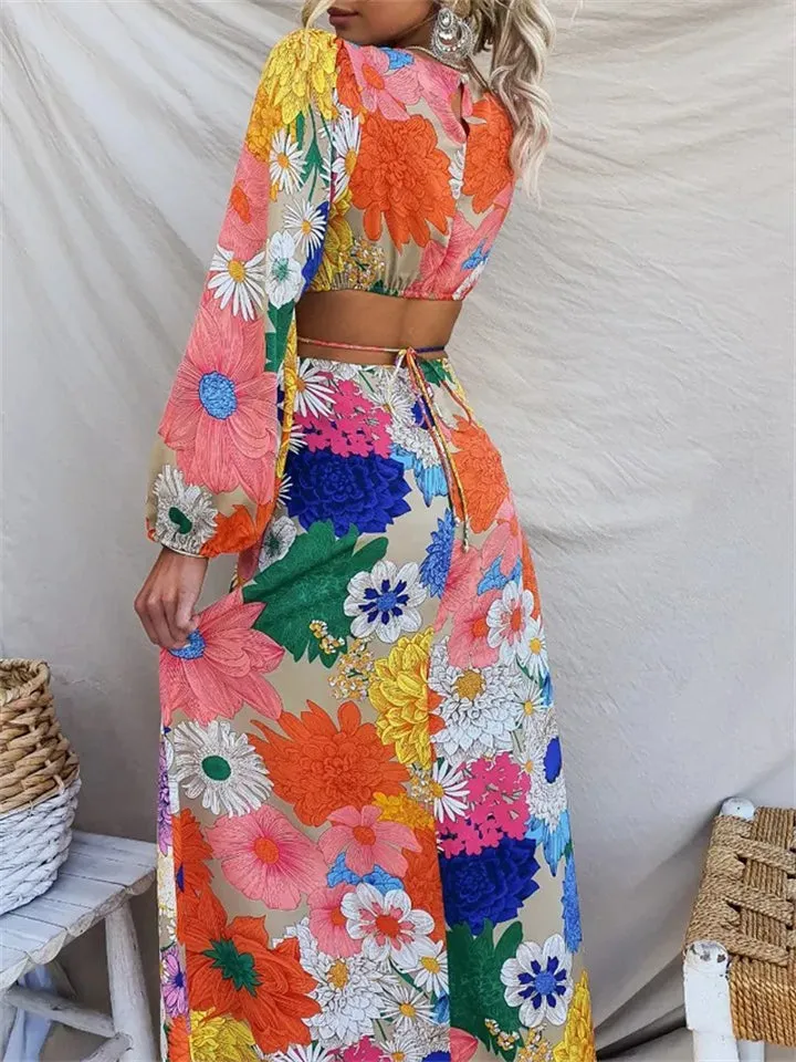 Ladies Flowers Print Round Neck Lace-up Dresses
