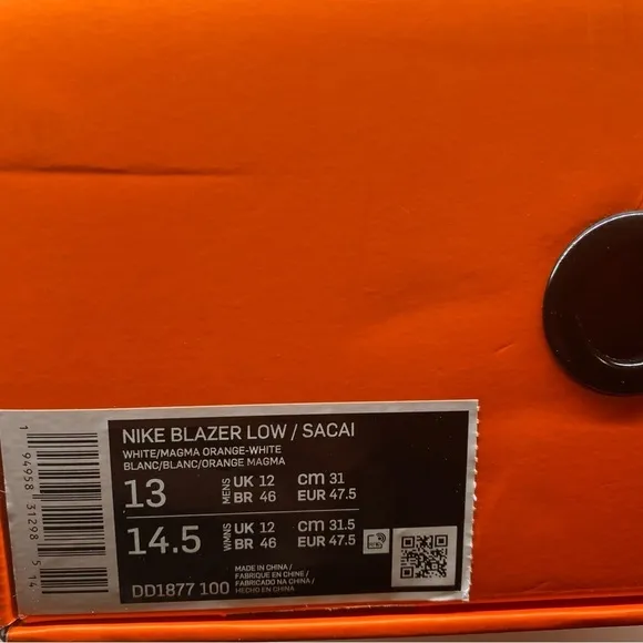 Nike x Sacai Blazer Low Magma Orange DD1877-100 Mens Sneakers Size 13 NEW W/ BOX