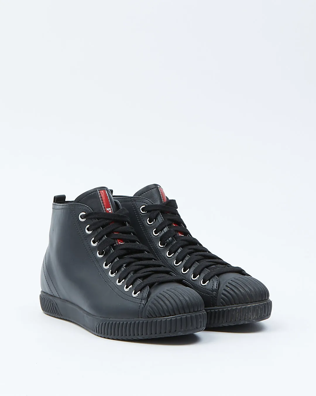 Prada Black Leather Lace Up High Top Sneakers - 39.5