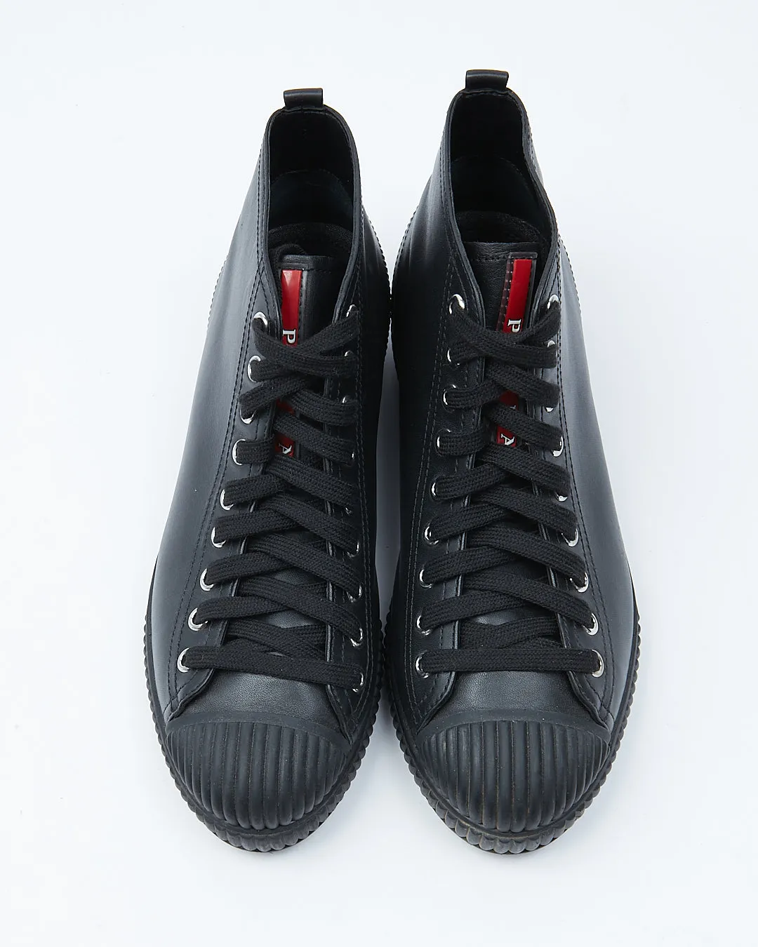 Prada Black Leather Lace Up High Top Sneakers - 39.5