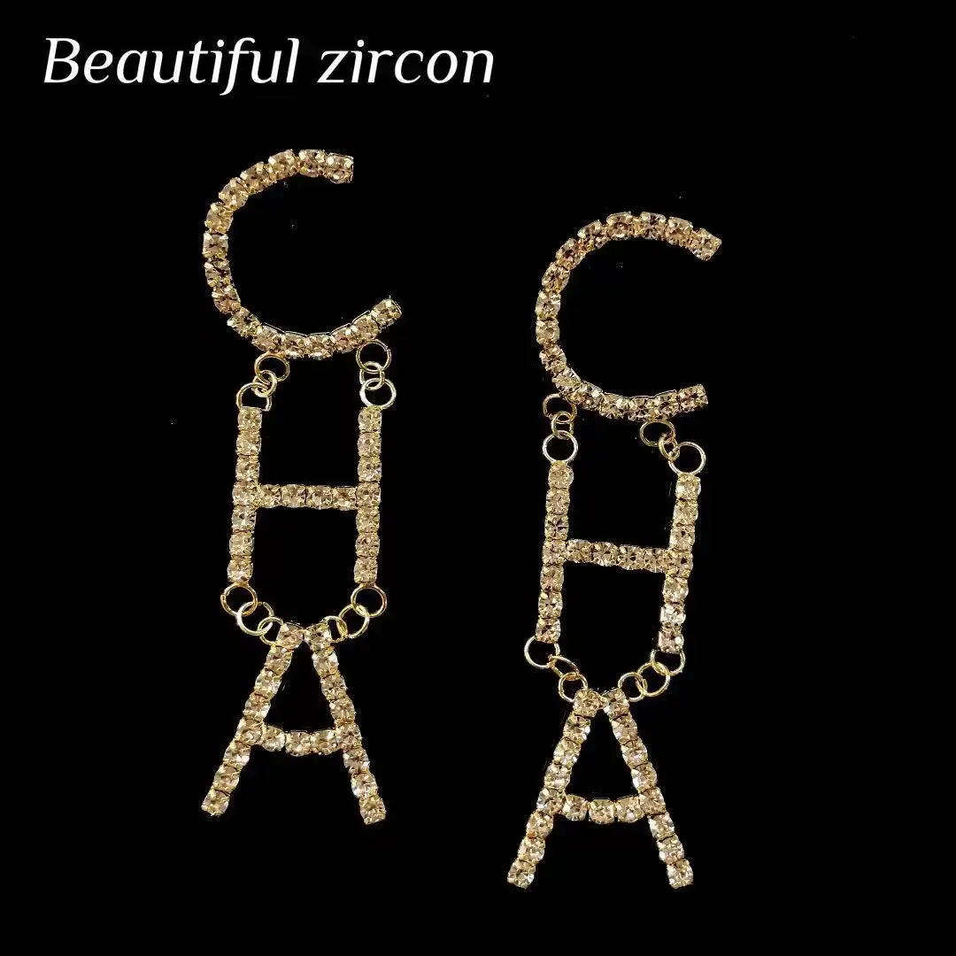 Rhinestone Letter CHA Long Earrings
