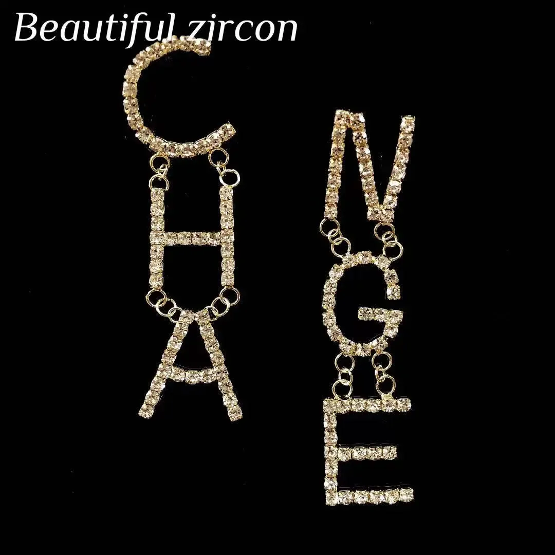 Rhinestone Letter CHA Long Earrings