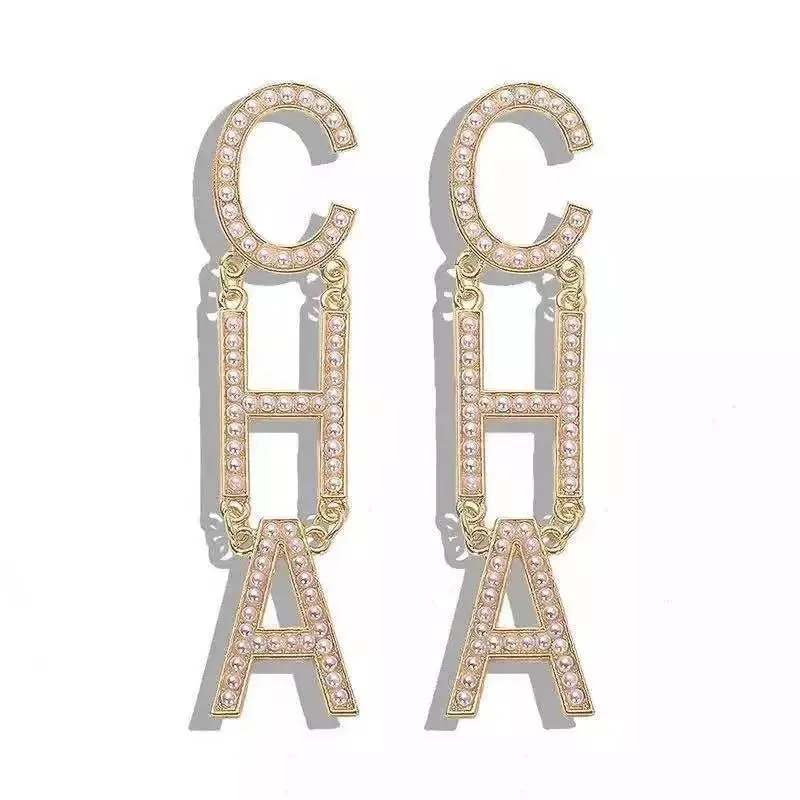 Rhinestone Letter CHA Long Earrings