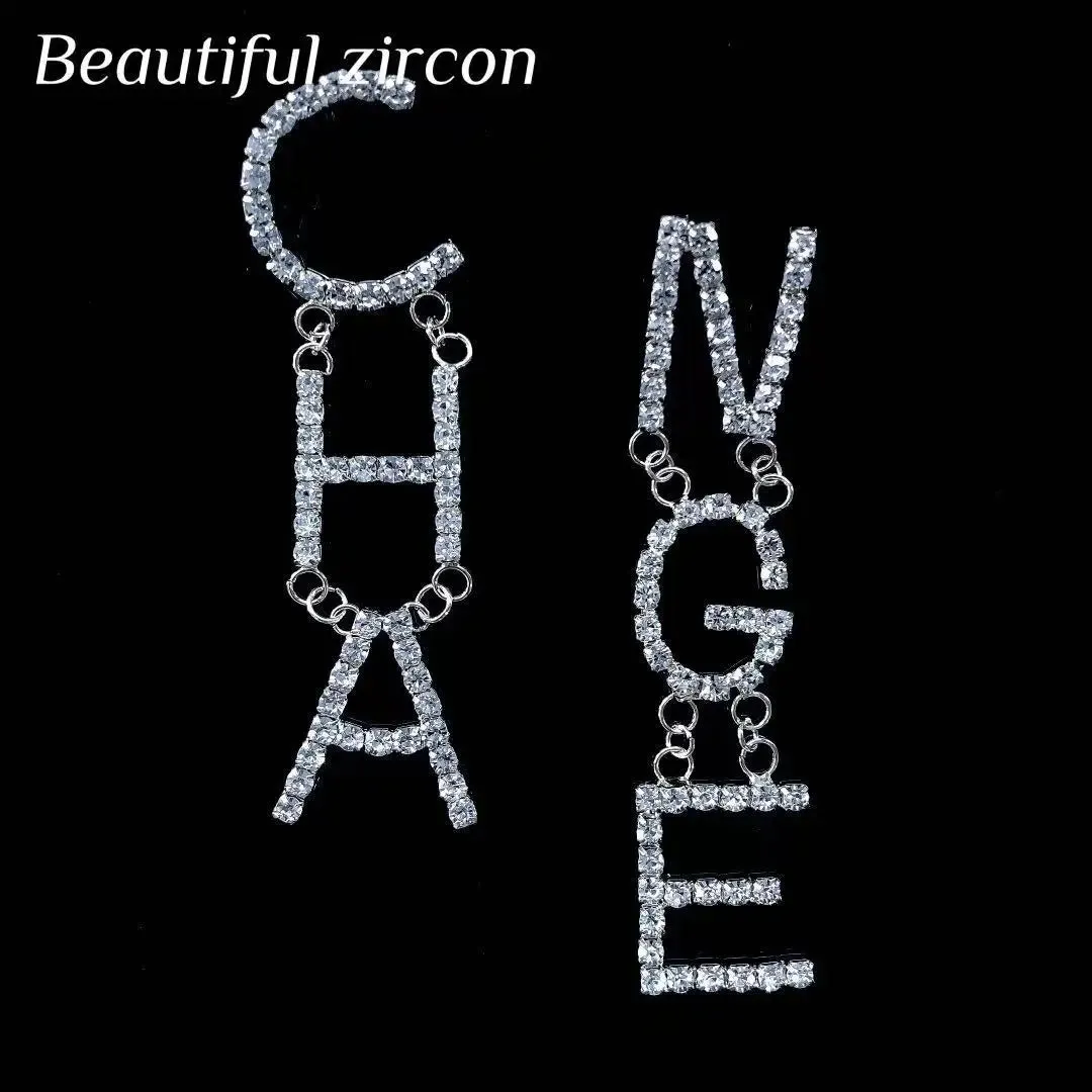 Rhinestone Letter CHA Long Earrings