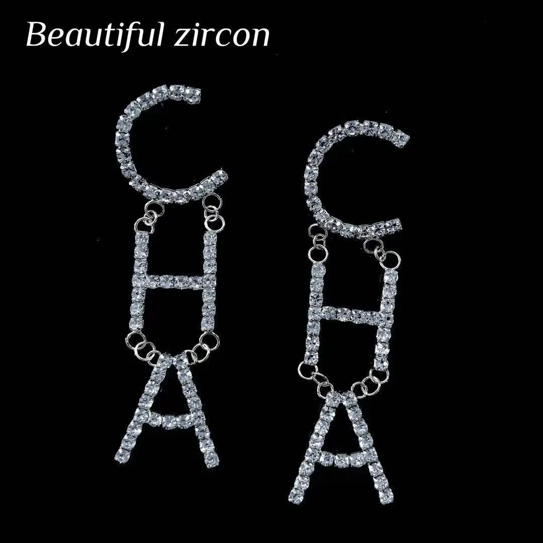 Rhinestone Letter CHA Long Earrings