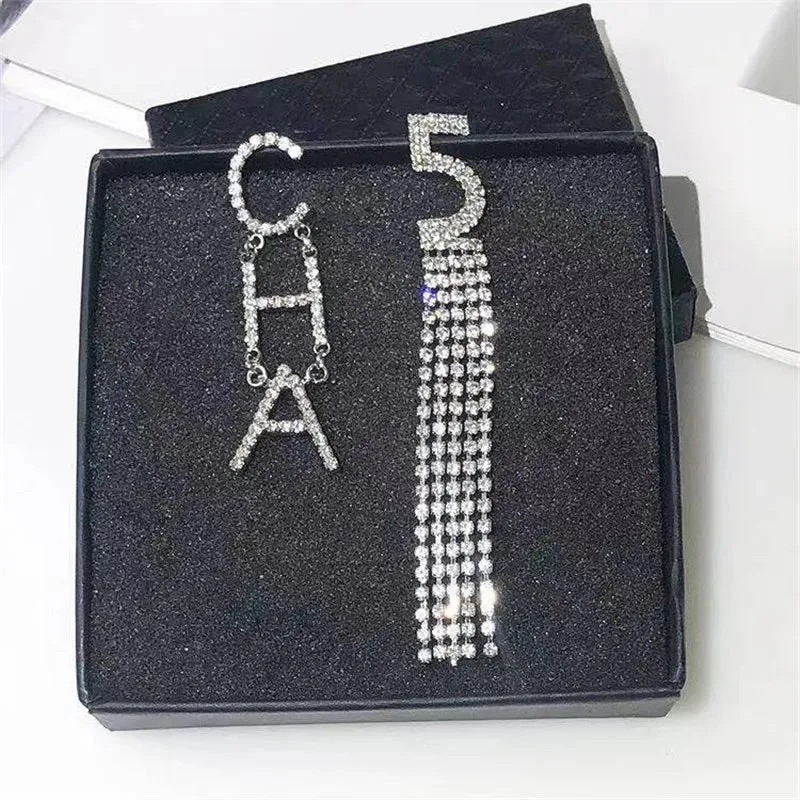 Rhinestone Letter CHA Long Earrings