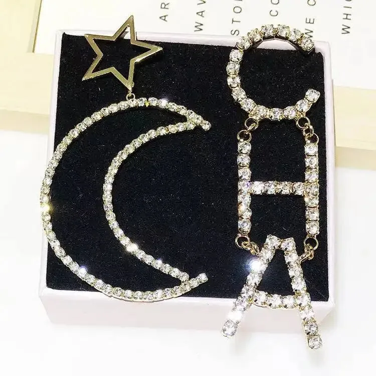 Rhinestone Letter CHA Long Earrings