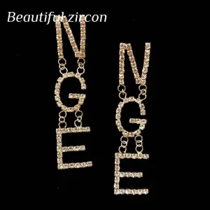 Rhinestone Letter CHA Long Earrings