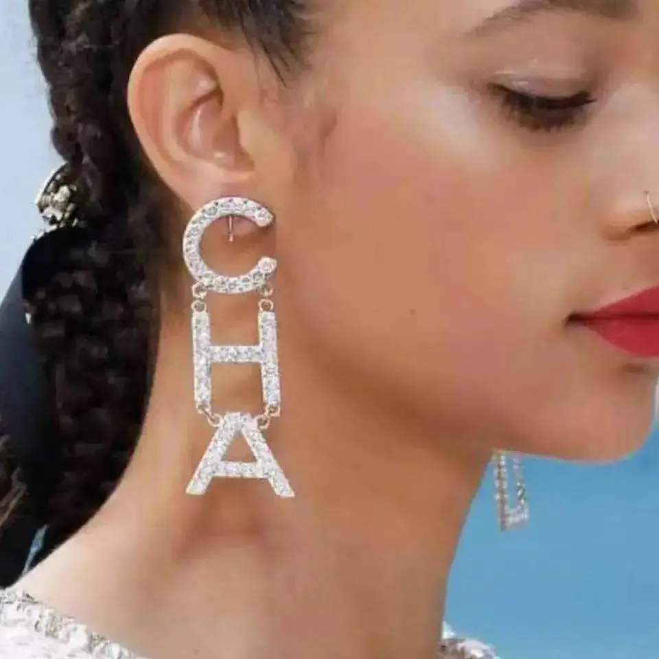 Rhinestone Letter CHA Long Earrings