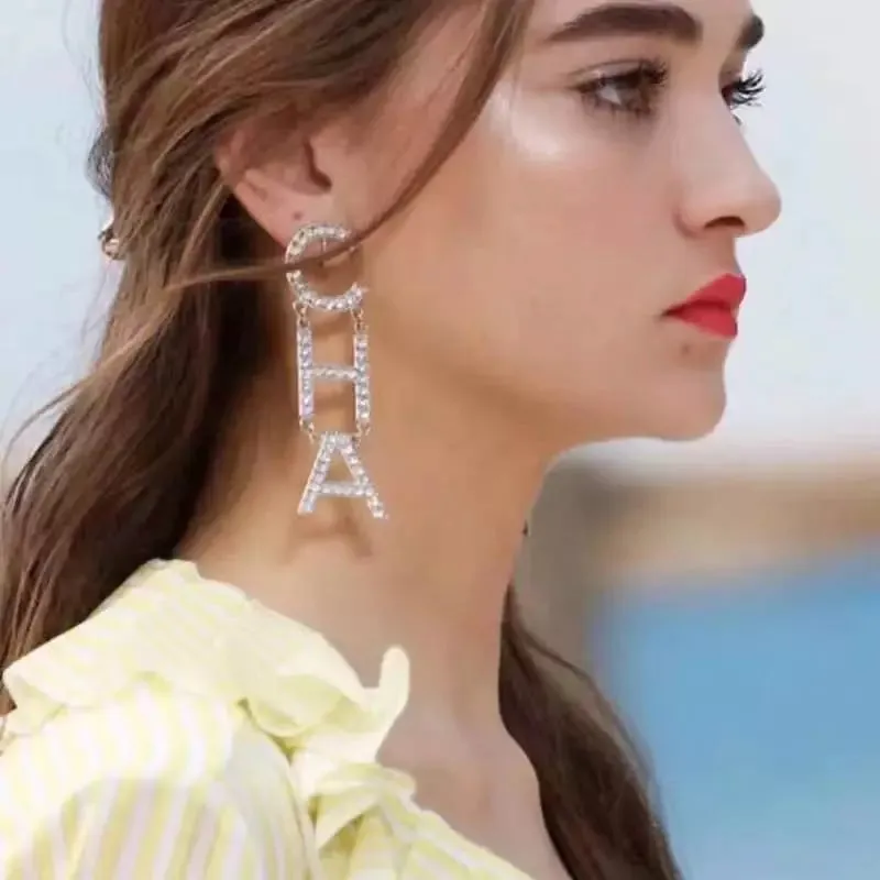 Rhinestone Letter CHA Long Earrings
