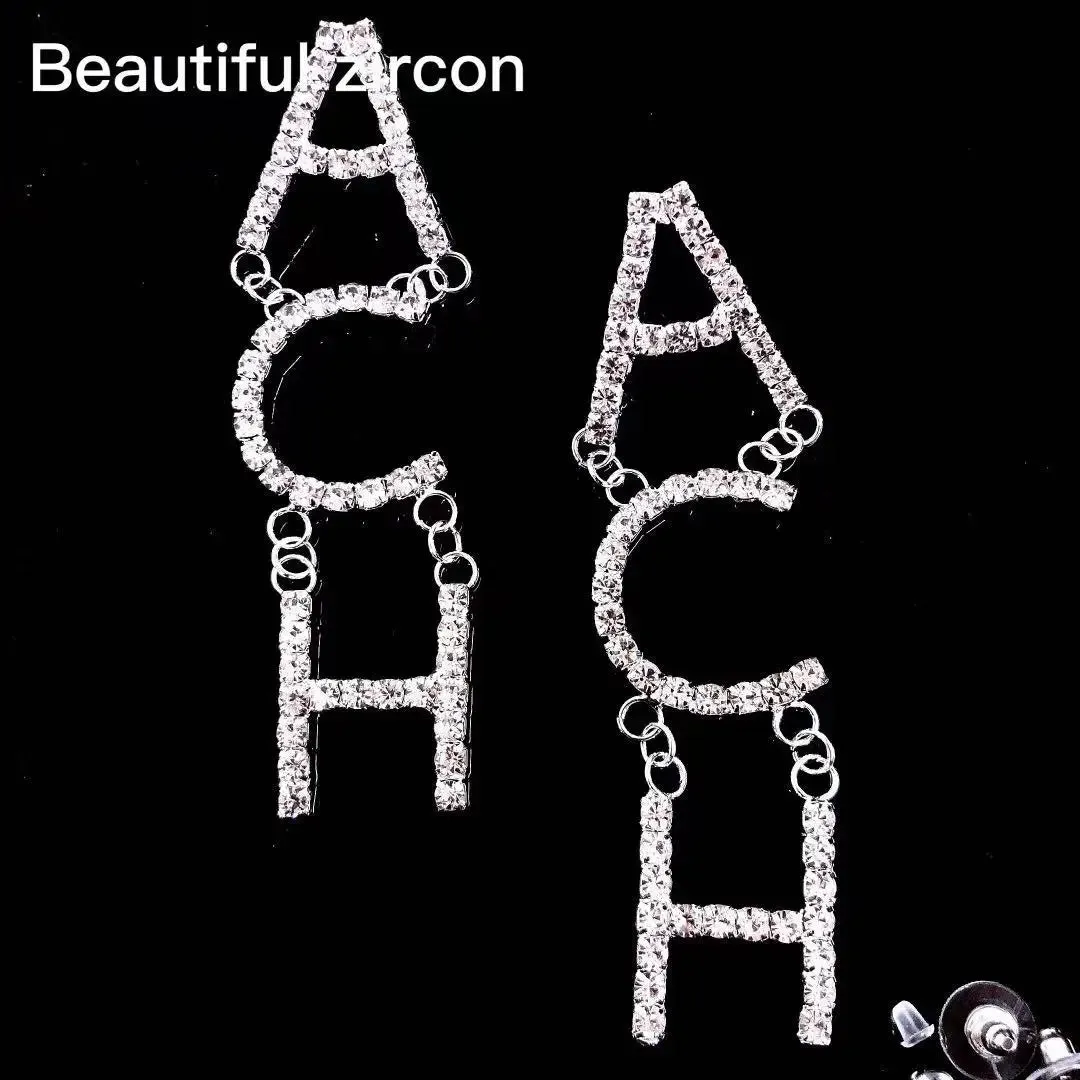 Rhinestone Letter CHA Long Earrings