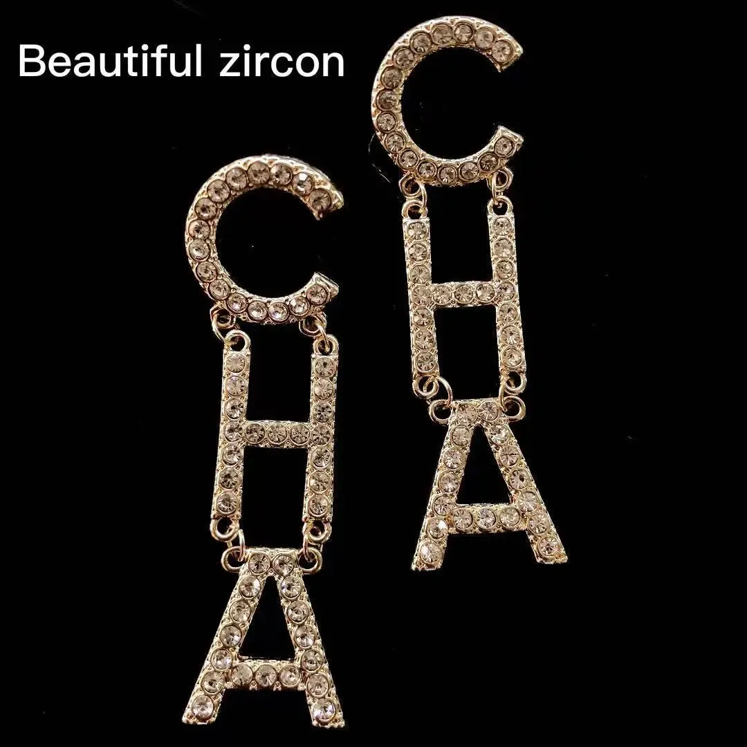 Rhinestone Letter CHA Long Earrings
