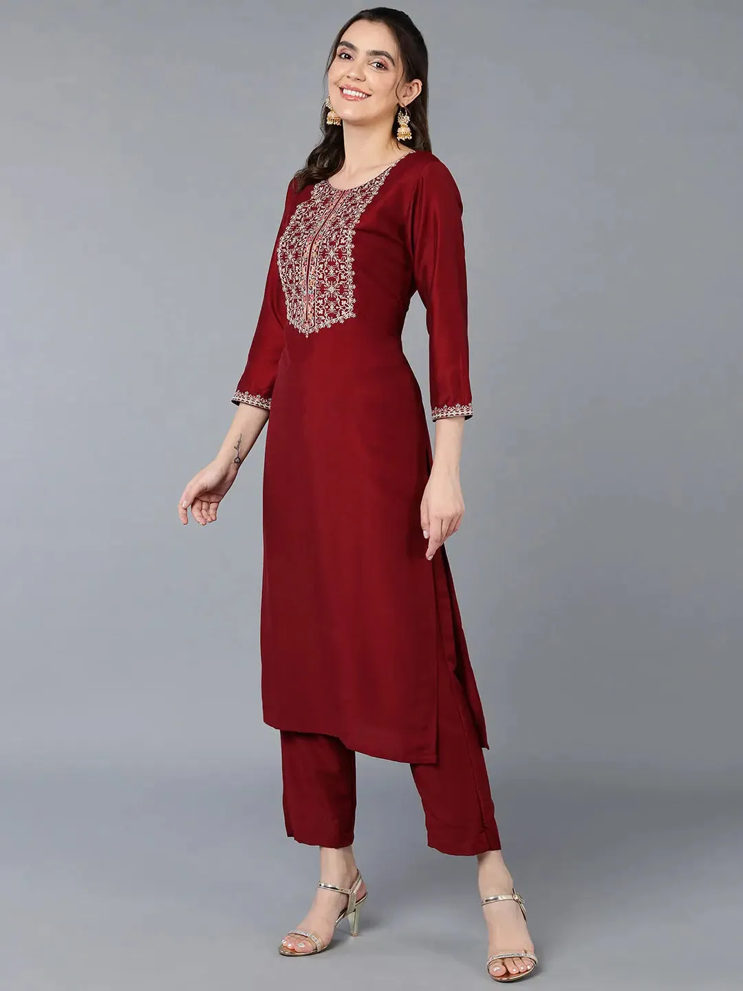 Silk Blend Maroon Embroidered Straight Kurta-VCK9385