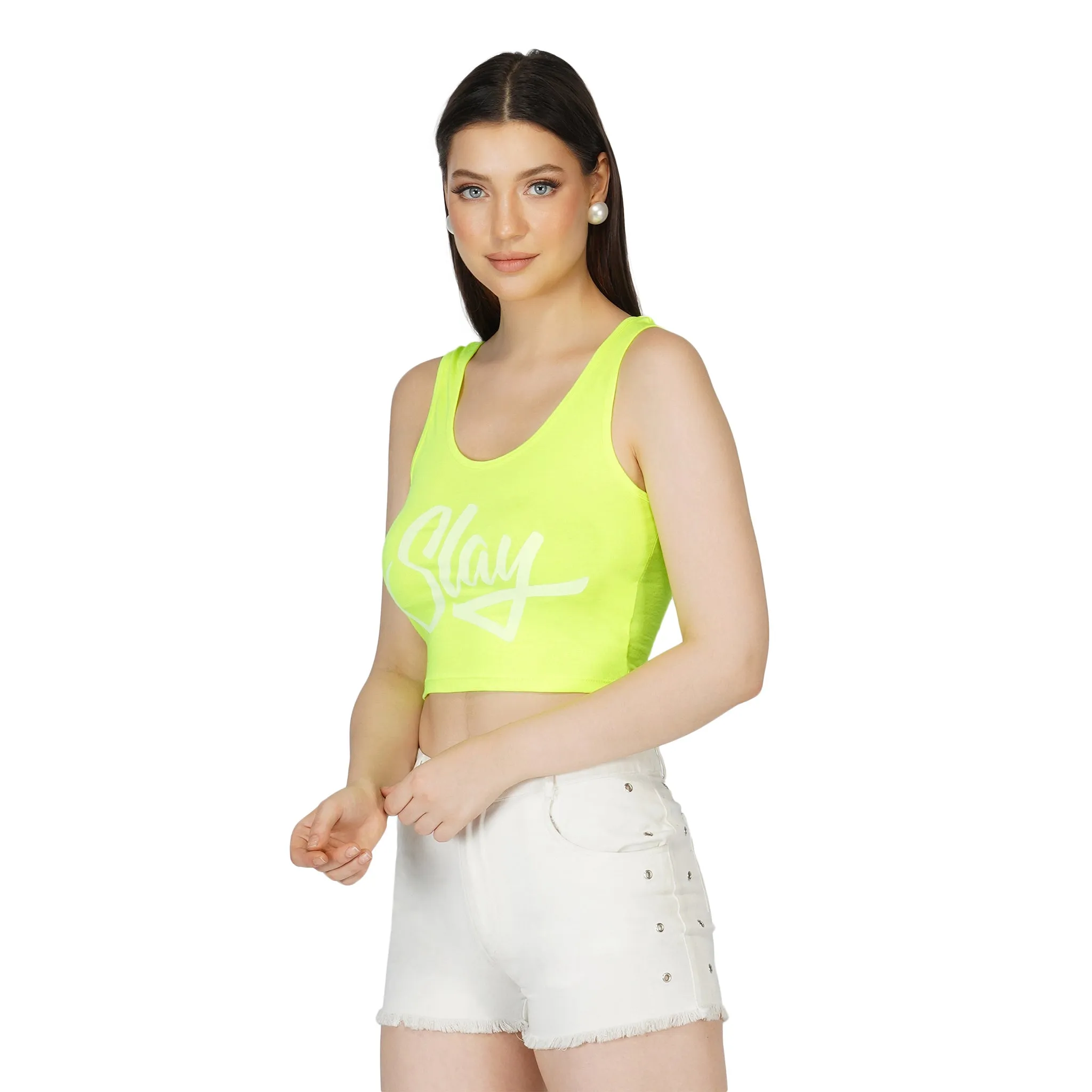 SLAY. Women's Neon Green Printed Crop Top