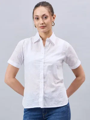 Style Quotient Women Smart White Hakoba Spread Collar Short Sleeve Shirt