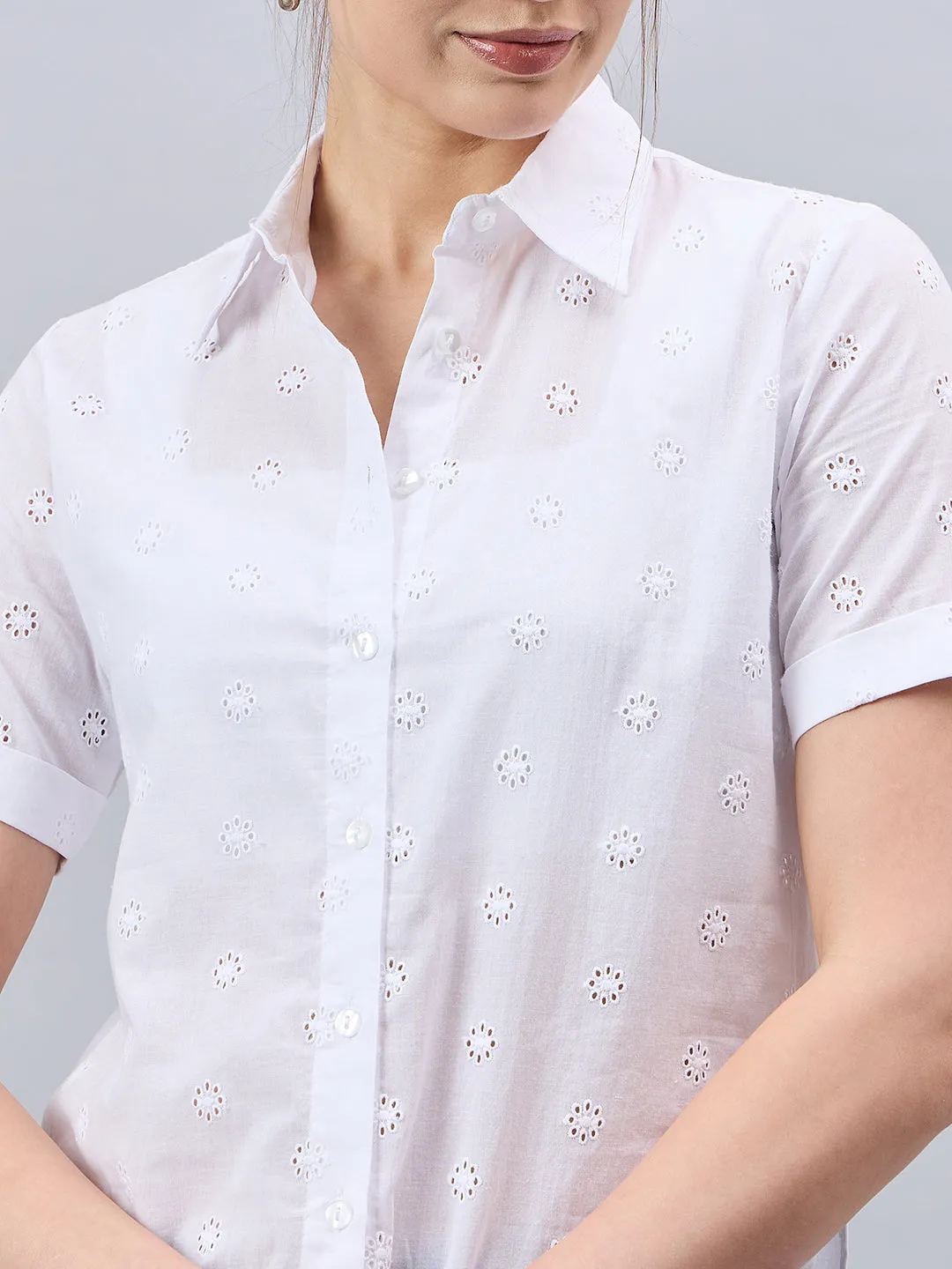 Style Quotient Women Smart White Hakoba Spread Collar Short Sleeve Shirt